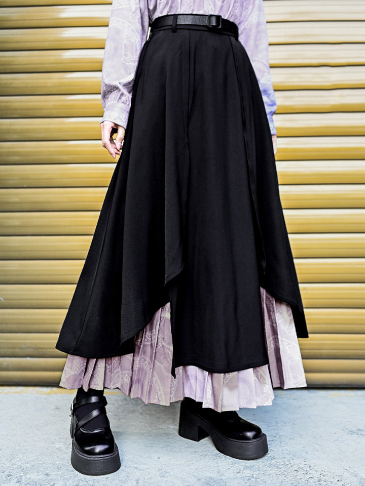 Chinese-Style Printed Asymmetrical Pleated Skirts Pants