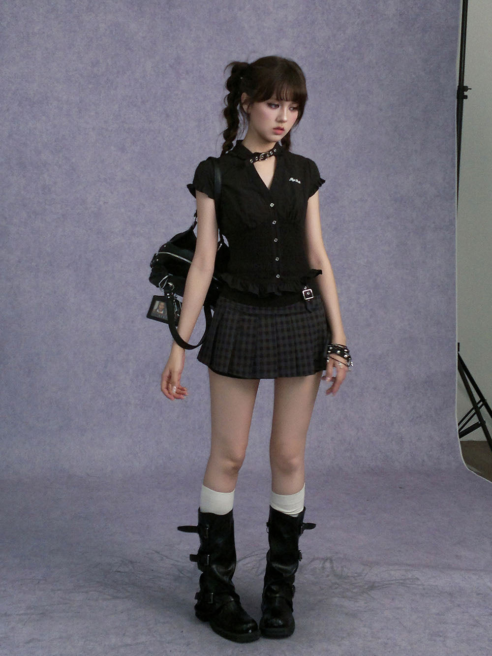 Gray Plaid Buckle Pleated Skort