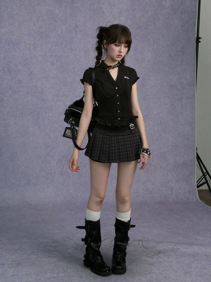 Gray Plaid Buckle Pleated Skort