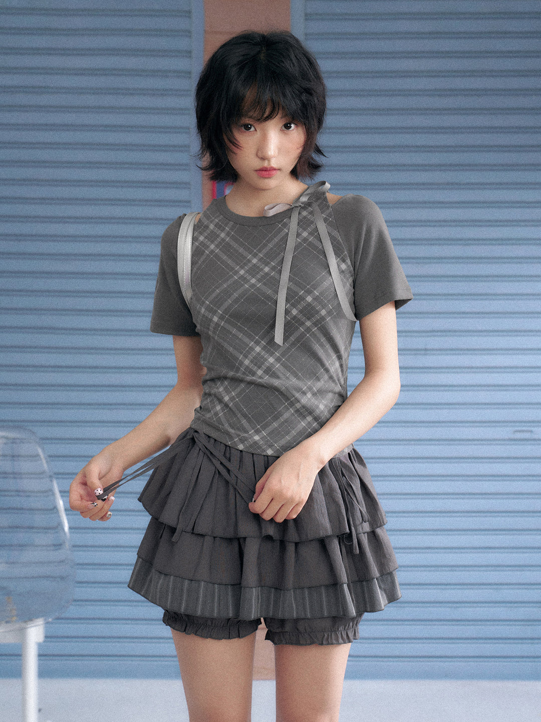 Gray Plaid Bow Cutout Ruched Tee