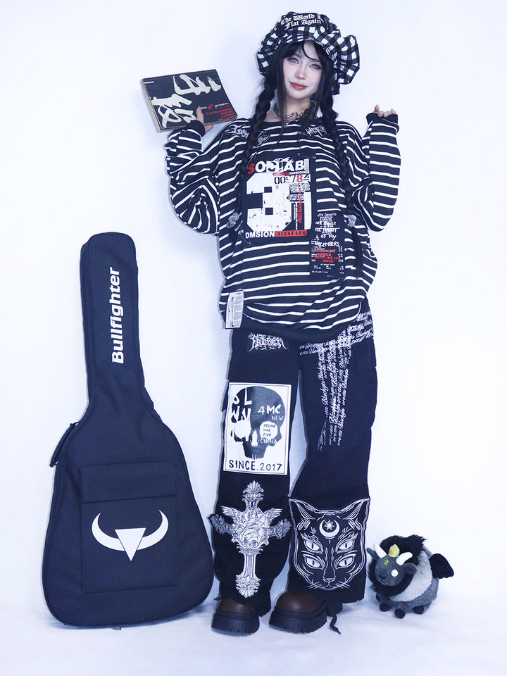 Black Striped Graphic Oversized Long Sleeve T Shirt