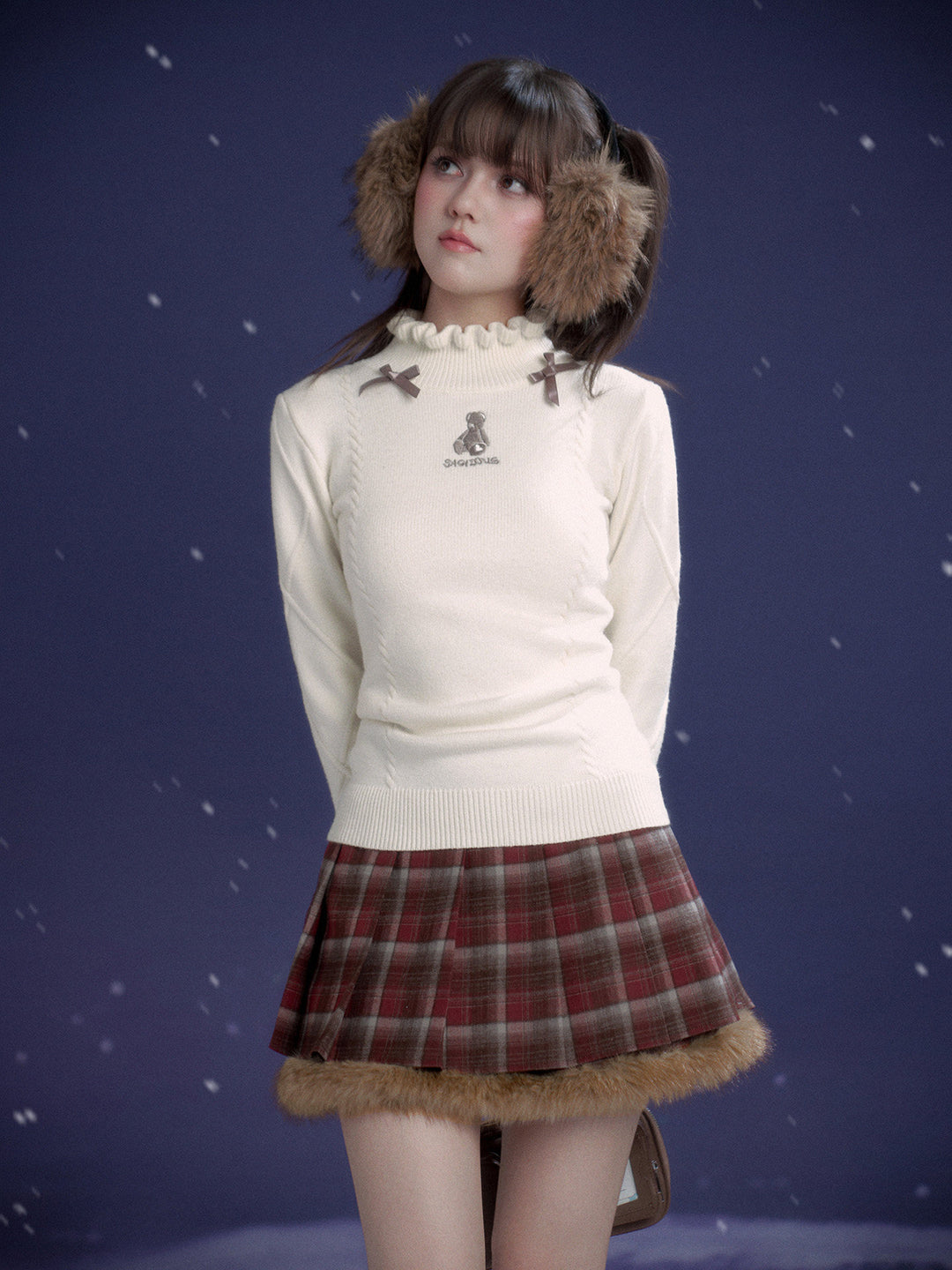 Red Plaid Fluffy Trim Pleated Mini Skirt
