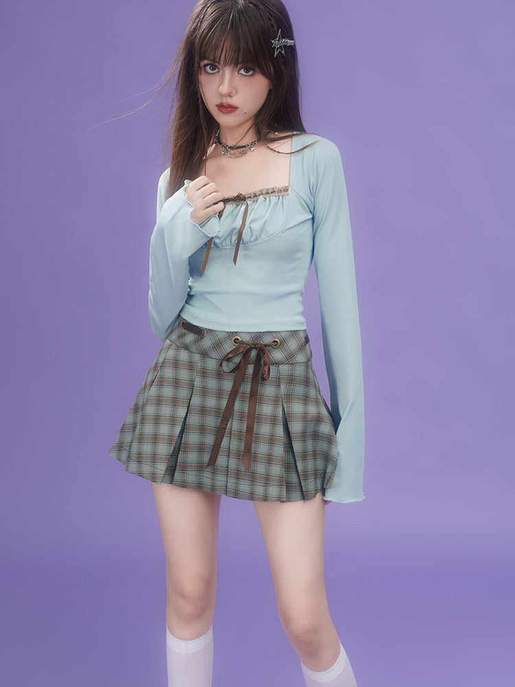 Blue Plaid Ribbon Tie Pleated Mini Skirt