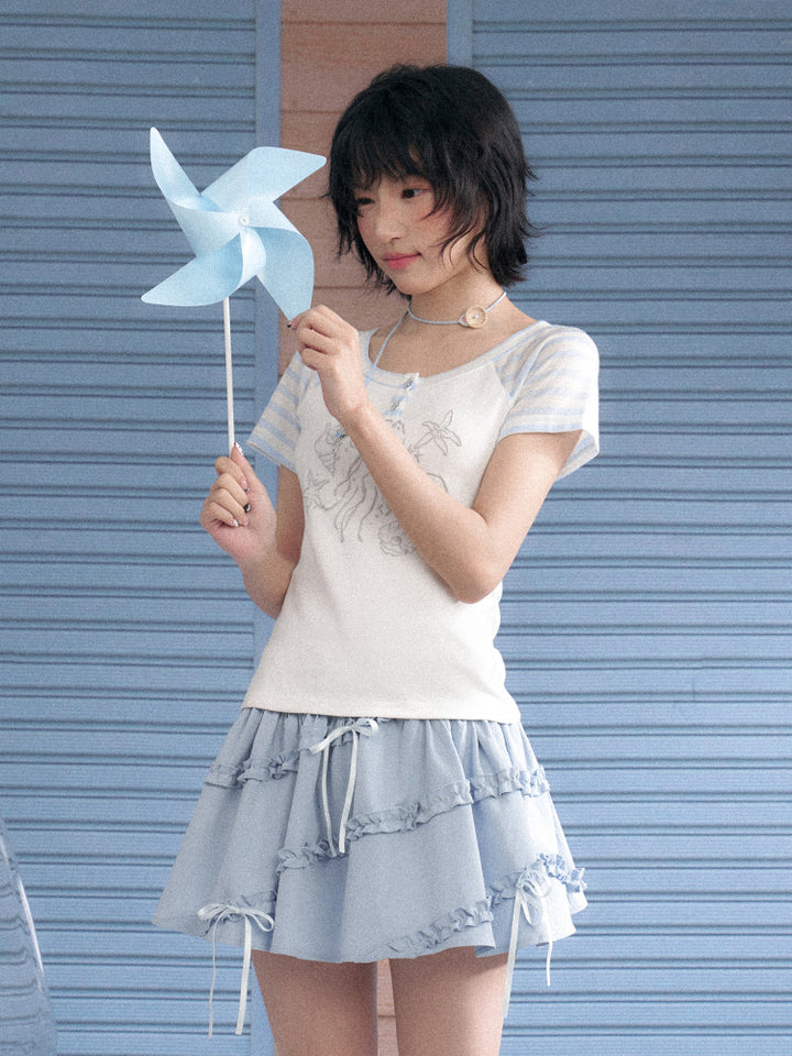 Kawaii Jellyfish Starfish Stripe Sleeve T-shirt