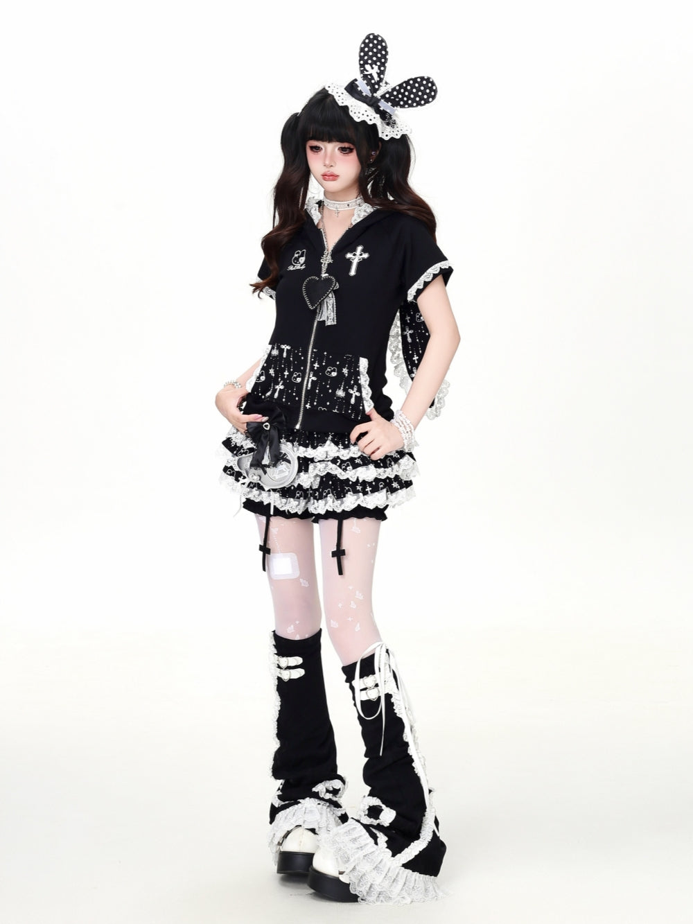 Lace Bow Cross Tiered Mini Skirt