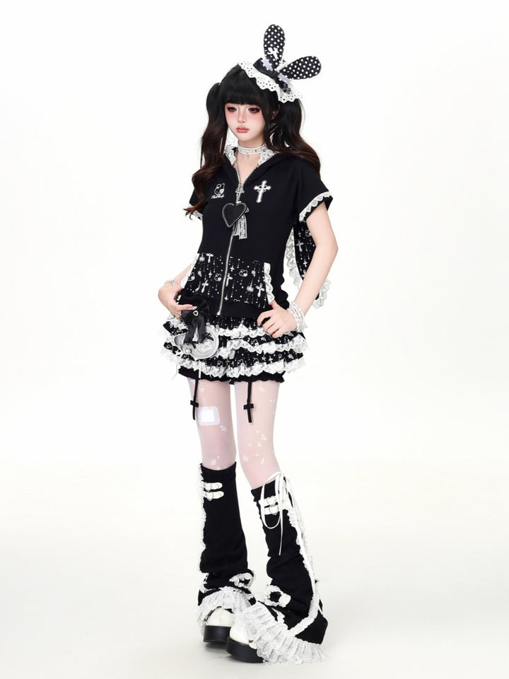 Lace Bow Cross Tiered Mini Skirt