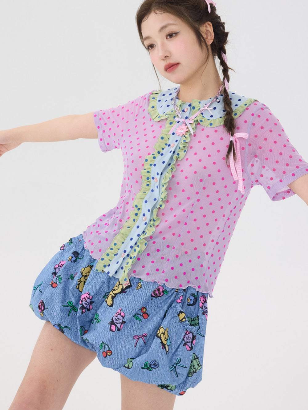 Pink Polka Dot Ruffle Collar Shirt