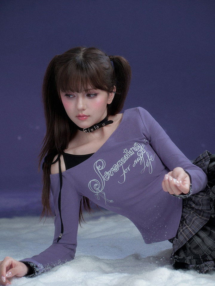 Purple Letter Print Layered Style Long Sleeve Top