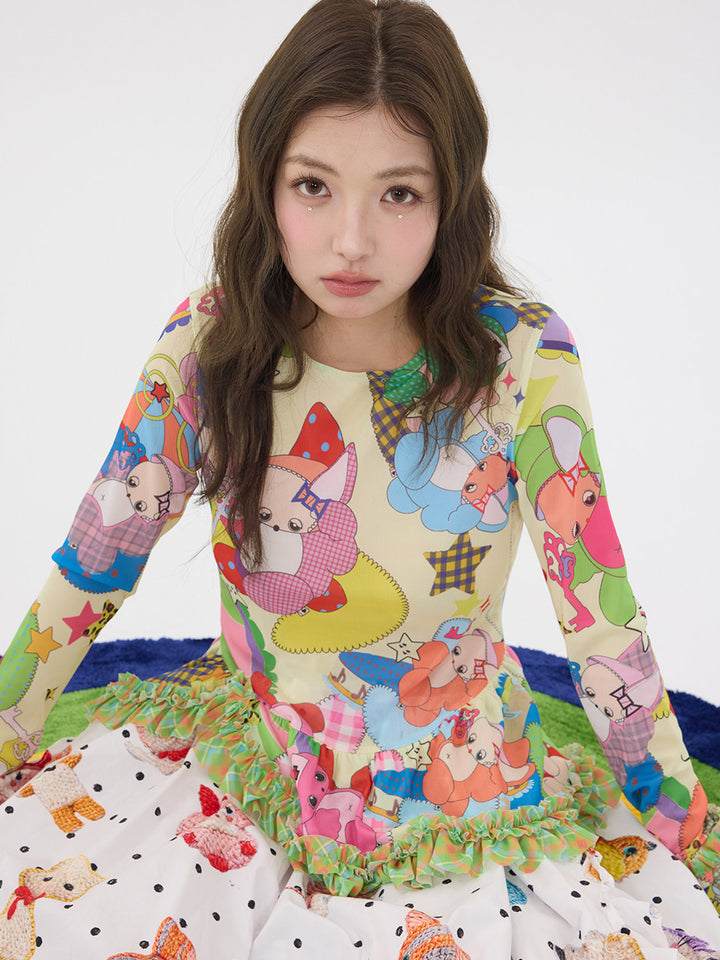 Colorful Cartoon Ruffle Layering Top