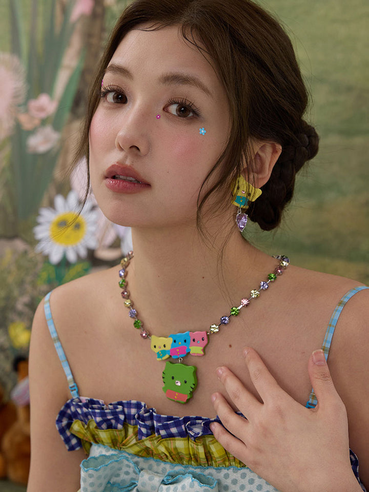 Pastel Kitty Rhinestone Necklace / Earrings