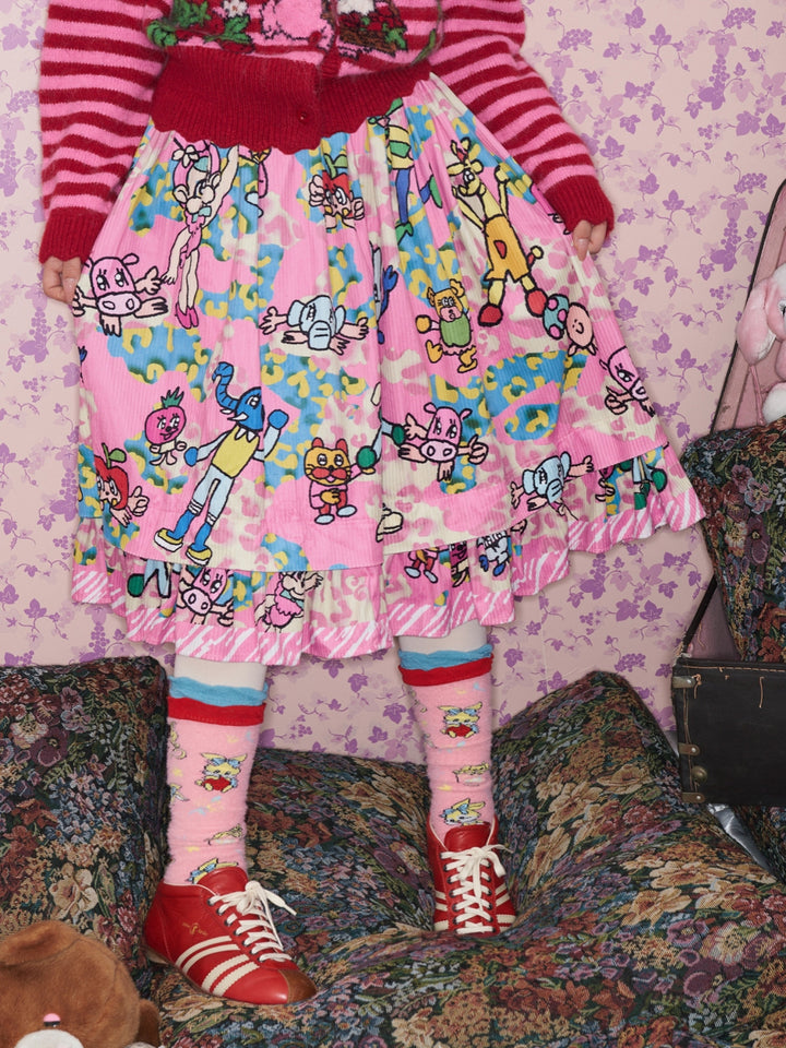 Pink Cartoon Print Ruffle Skirt