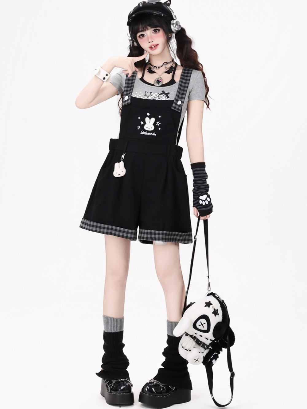 Bunny Plaid Trim Suspender Shorts