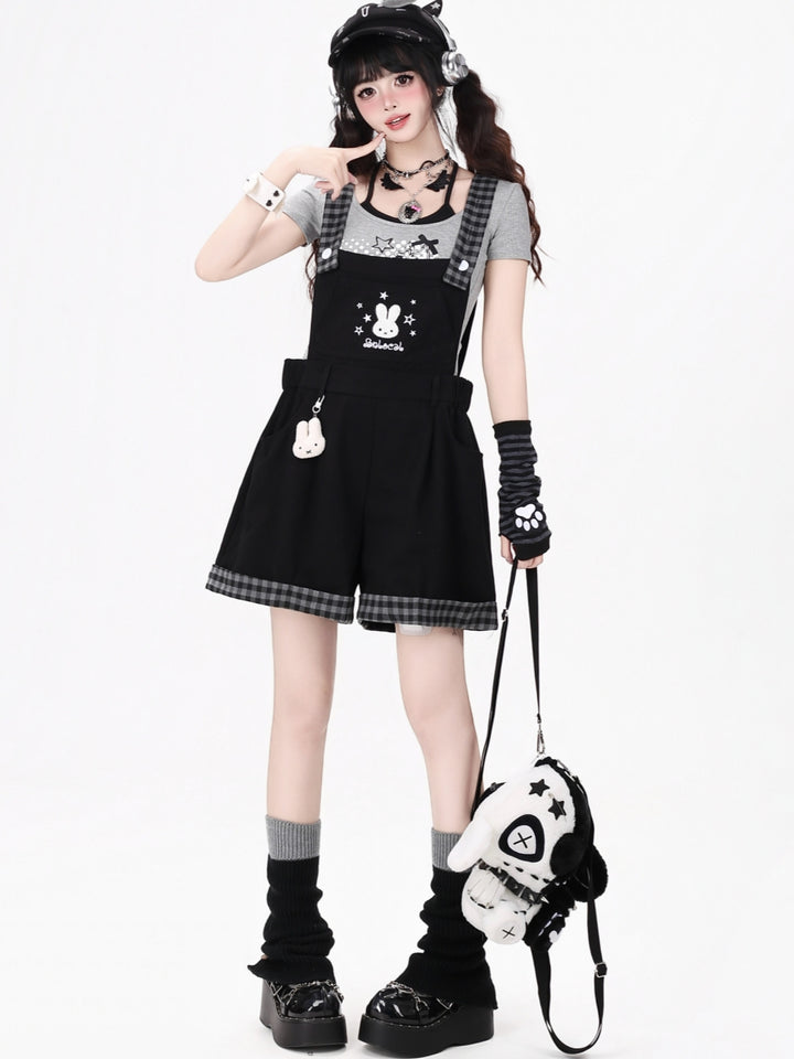 Bunny Plaid Trim Suspender Shorts