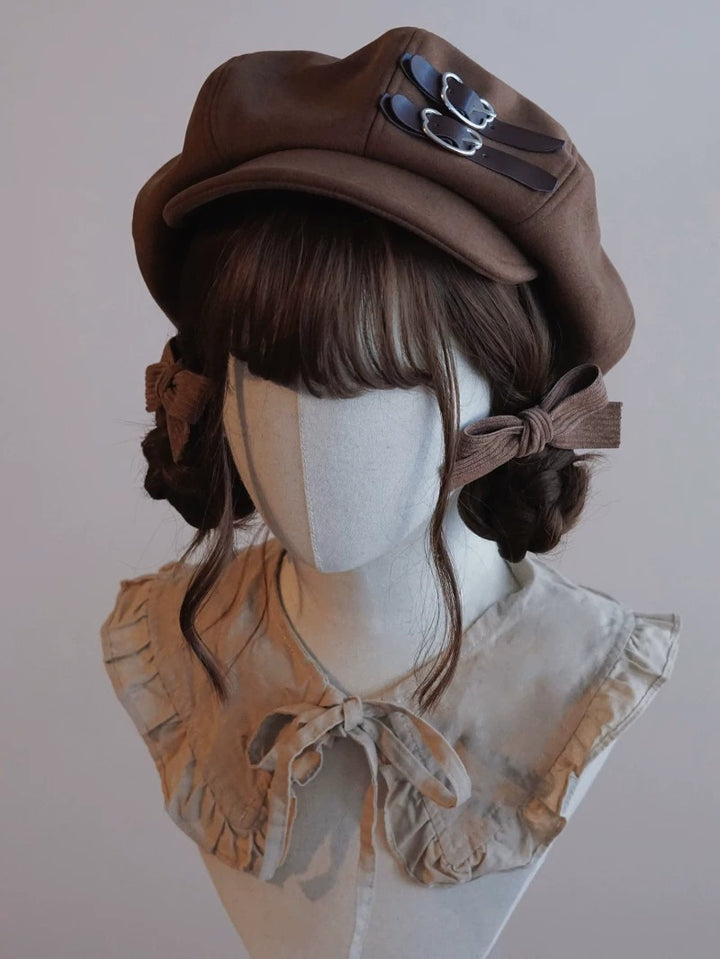 Brown Leather Buckle Beret