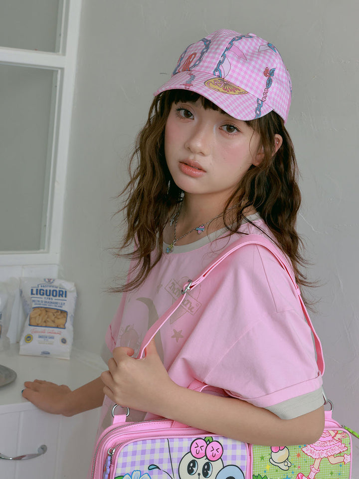 Pink Gingham Chain Print Baseball Cap