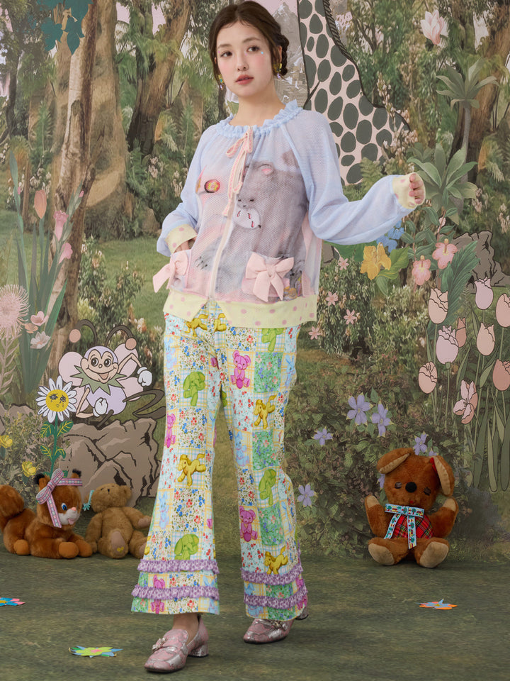 Patchwork Animal Floral Ruffle Flare Pants