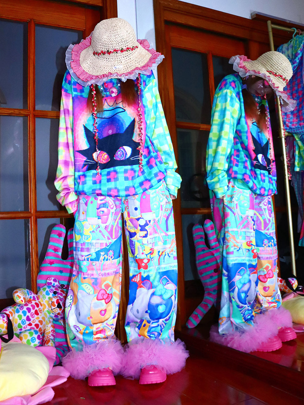 Colorful Character Fluffy Trim Pants