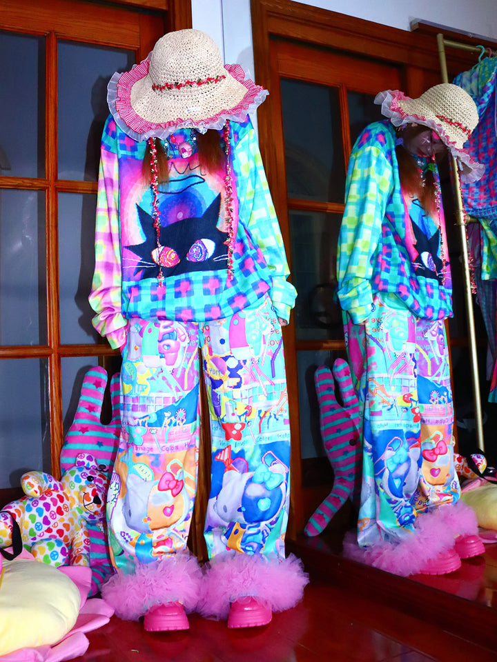 Colorful Character Fluffy Trim Pants