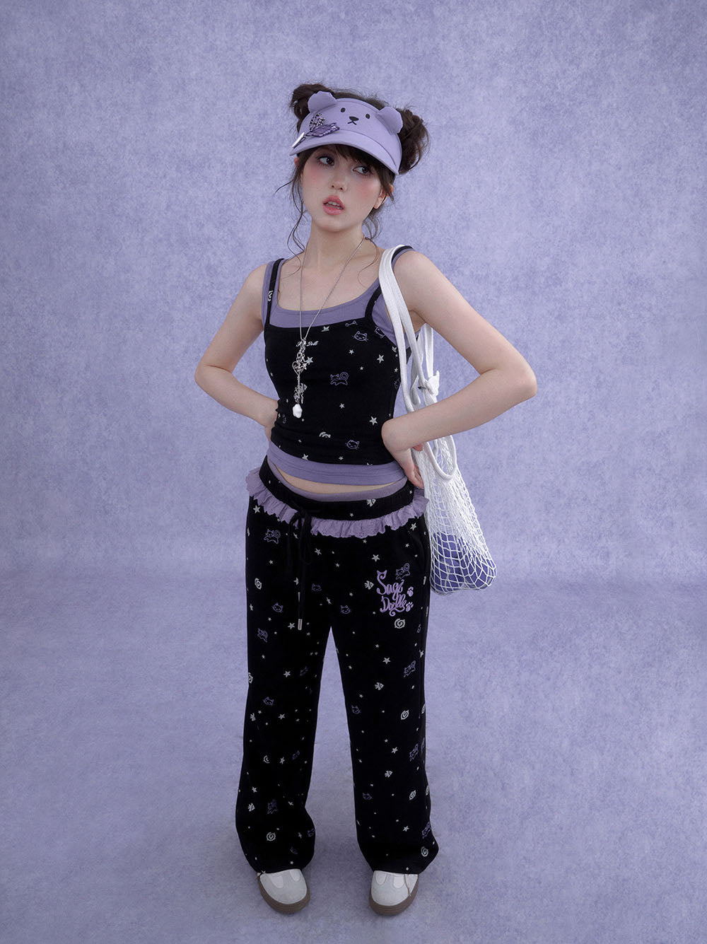 Black Cat Star Print Ruffle Wide Leg Pants