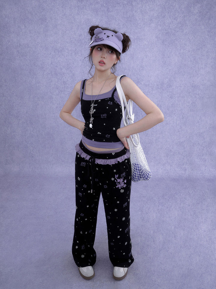 Black Cat Star Print Ruffle Wide Leg Pants