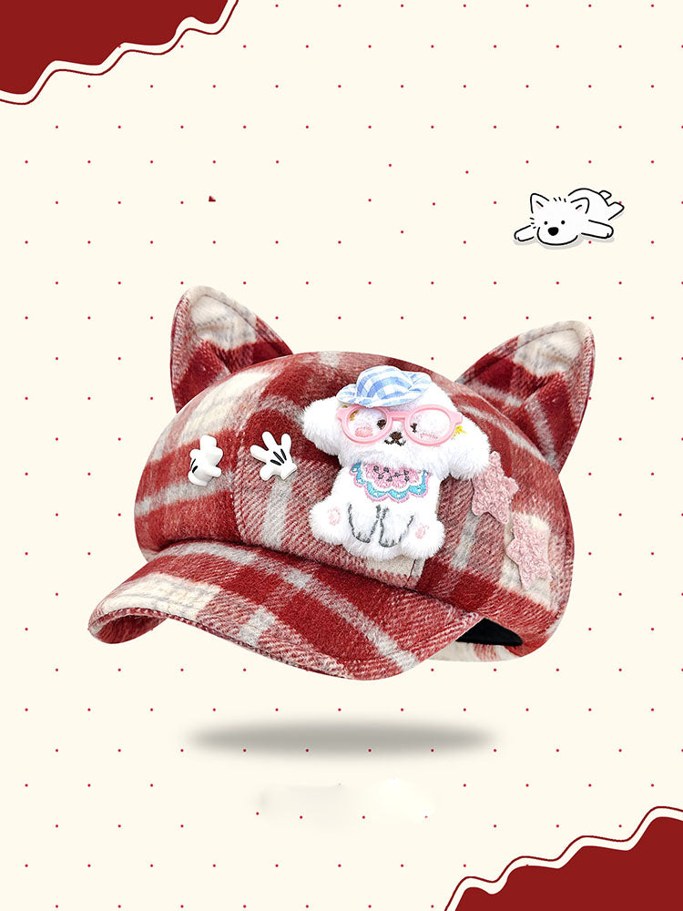 Plaid Kitten Ear Cap with Plush Puppy Detail