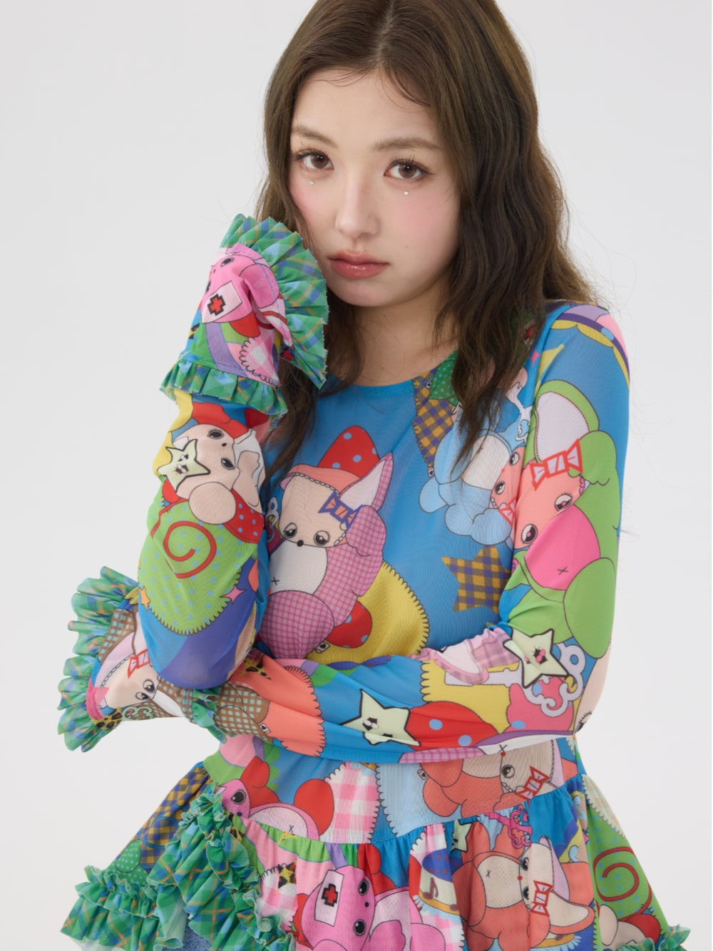Colorful Cartoon Ruffle Layering Top