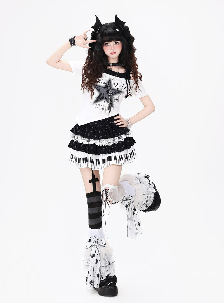 Star Graphic T-Shirt Piano Key Skirt