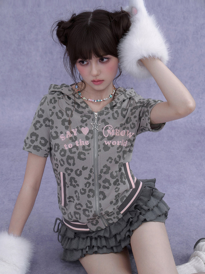 Leopard Print Cat Ear Short Sleeve Hoodie