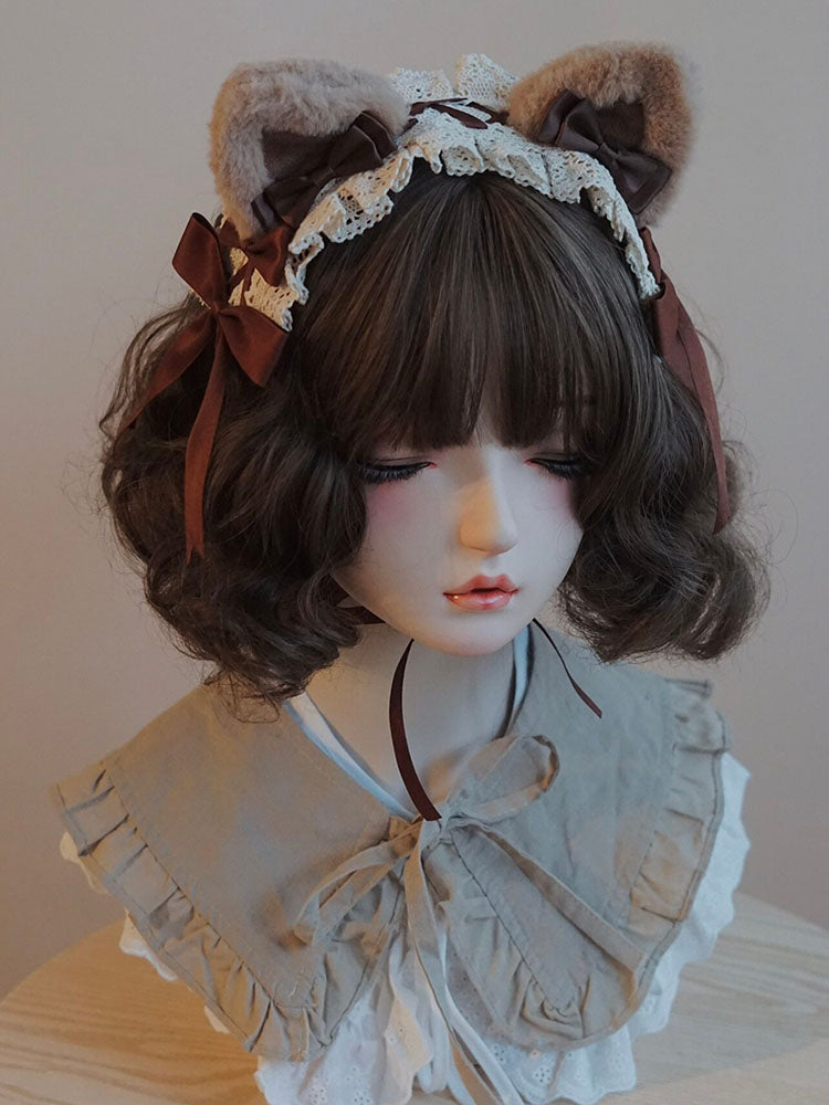 Brown Cat Ear Lace Bow Headband