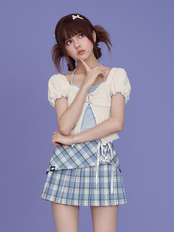 Blue Plaid Lace Up Pleated Skort