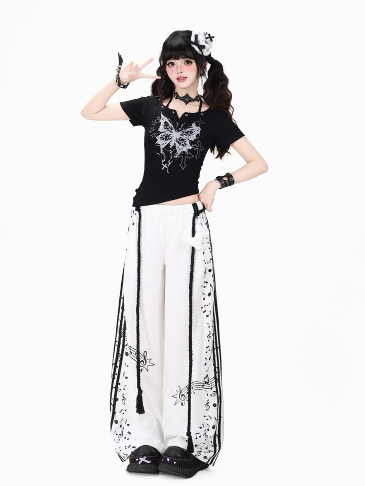 Black and White Music Note Wide Leg Pants