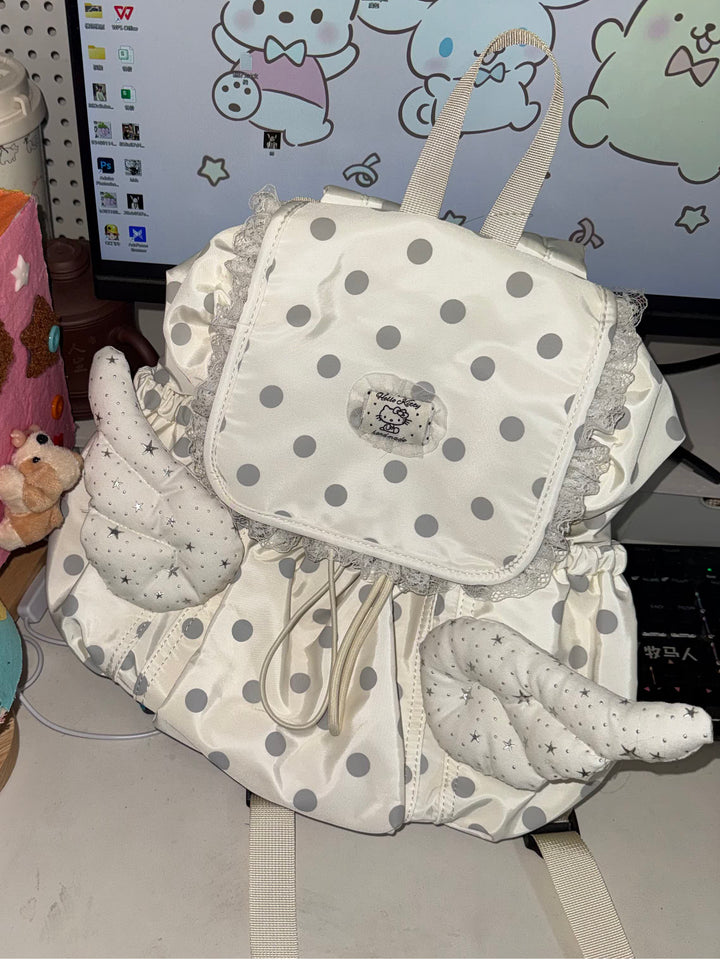 Cream Polka Dot Angel Wings Drawstring Backpack
