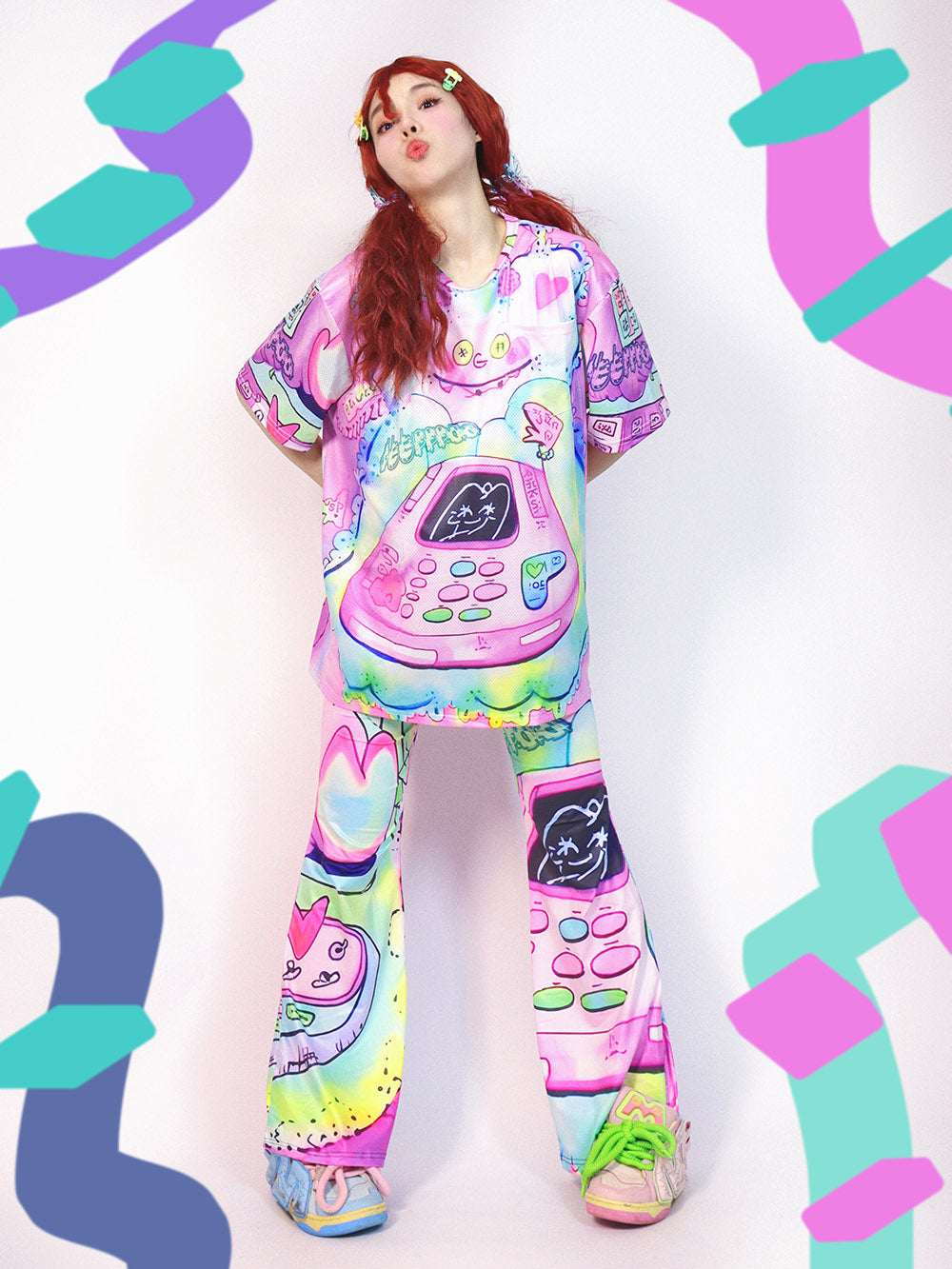 Y2K Pastel Phone Graphic Wide Leg Pants