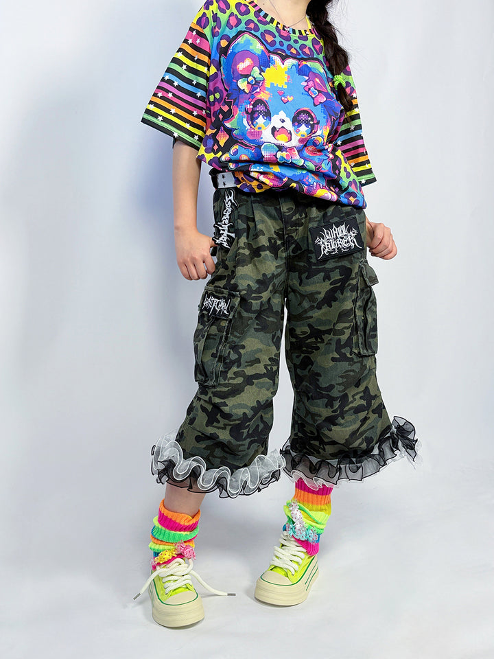 Camo Ruffle Hem Cargo Pants