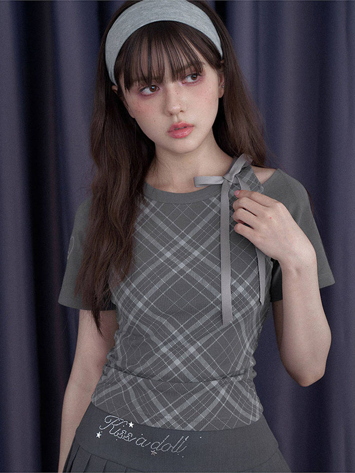 Gray Plaid Bow Cutout Ruched Tee