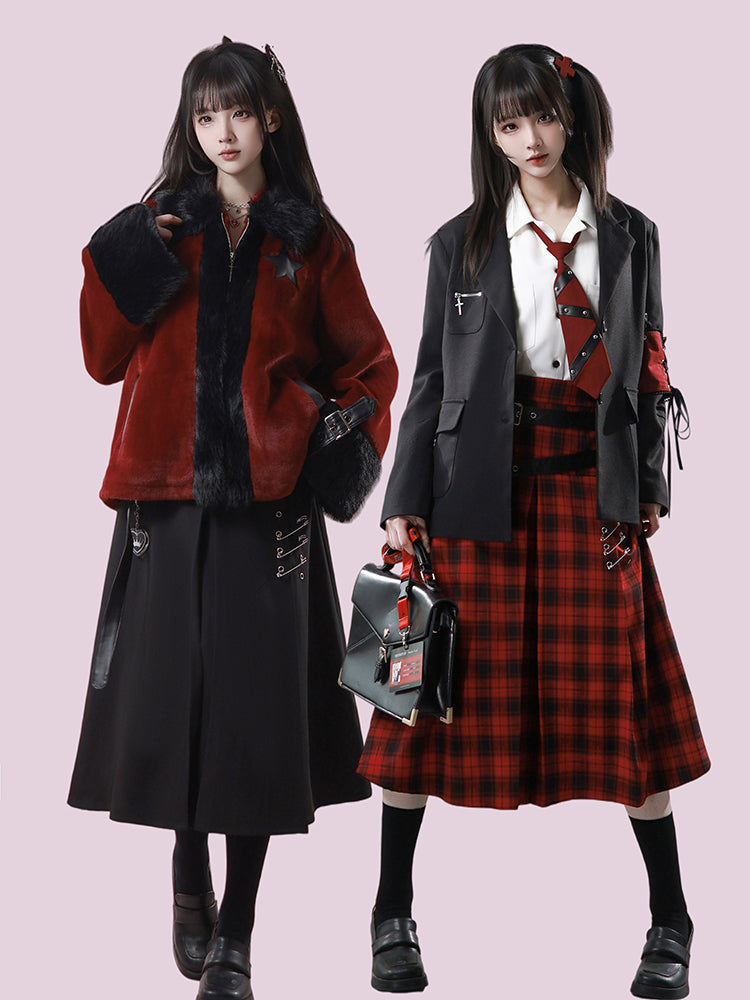 Gothic Red Plaid Double Belt Skirt