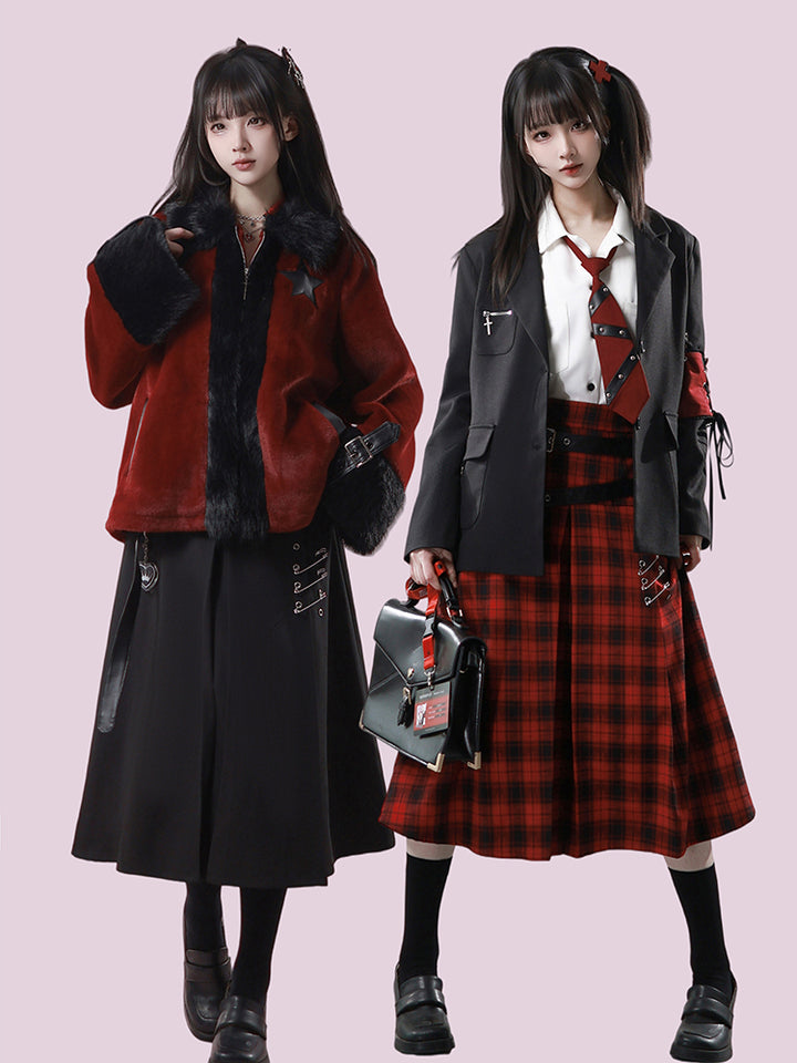 Gothic Red Plaid Double Belt Skirt