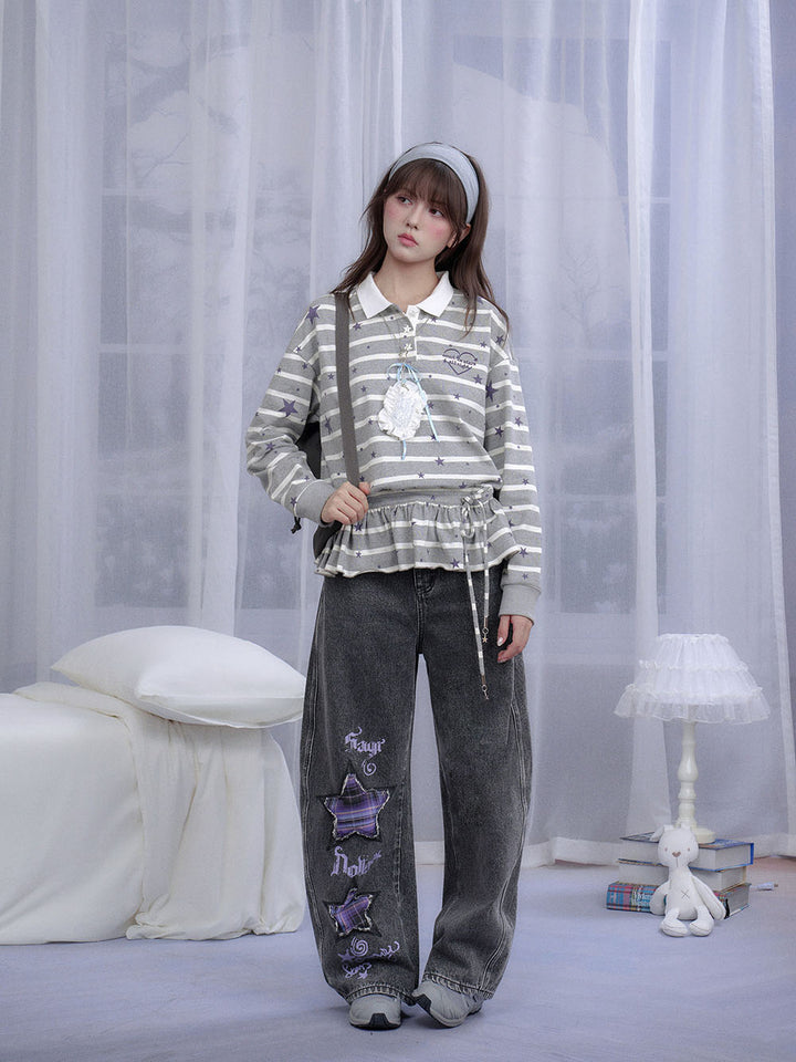 Dark Gray Plaid Star Wide Leg Jeans