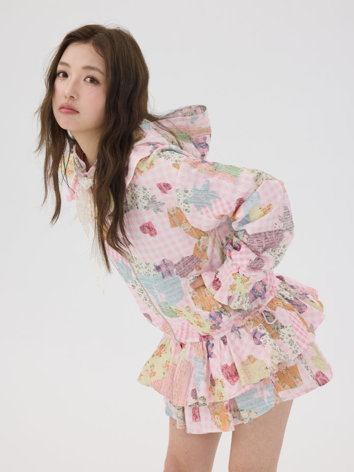 Pink Patchwork Hooded Jacket / Short Skirt
