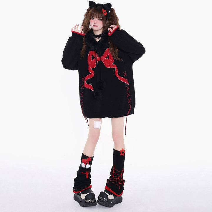 Bowknot black and red sweater for spring autumn winter