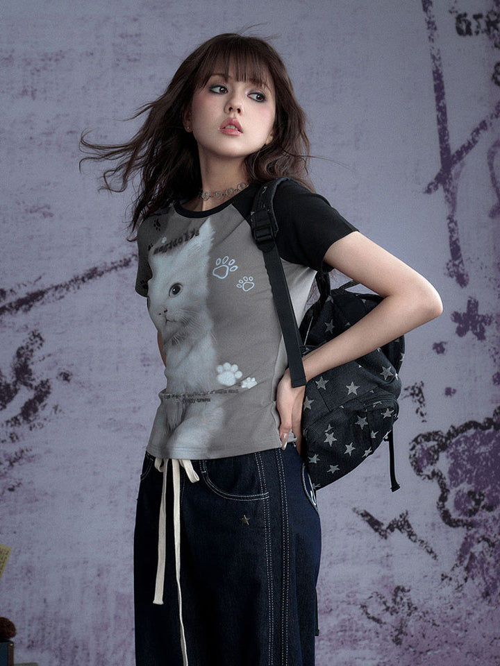 Gray Kitten Graphic Raglan Tee