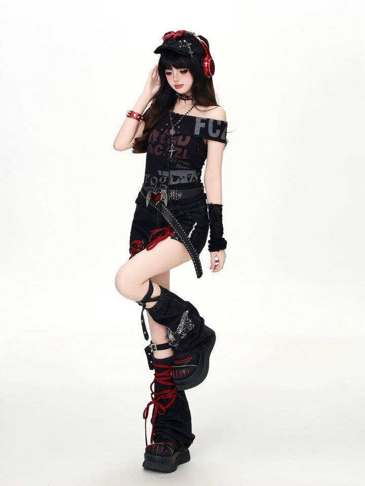 Y2K Graphic Lace Up Off Shoulder Top