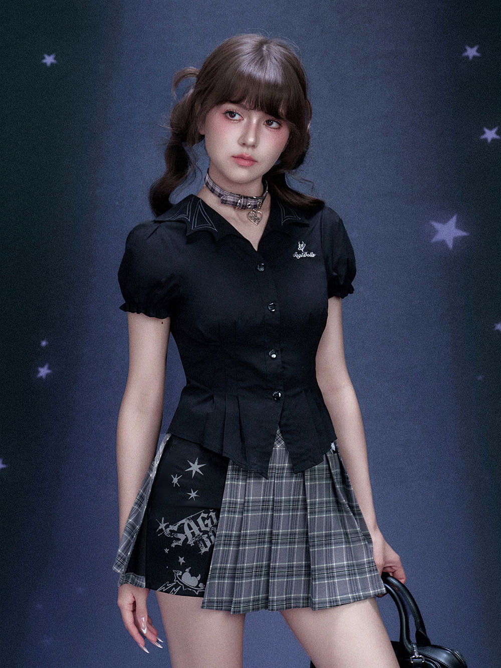 Gray Plaid Buckle Panel Pleated Mini Skirt