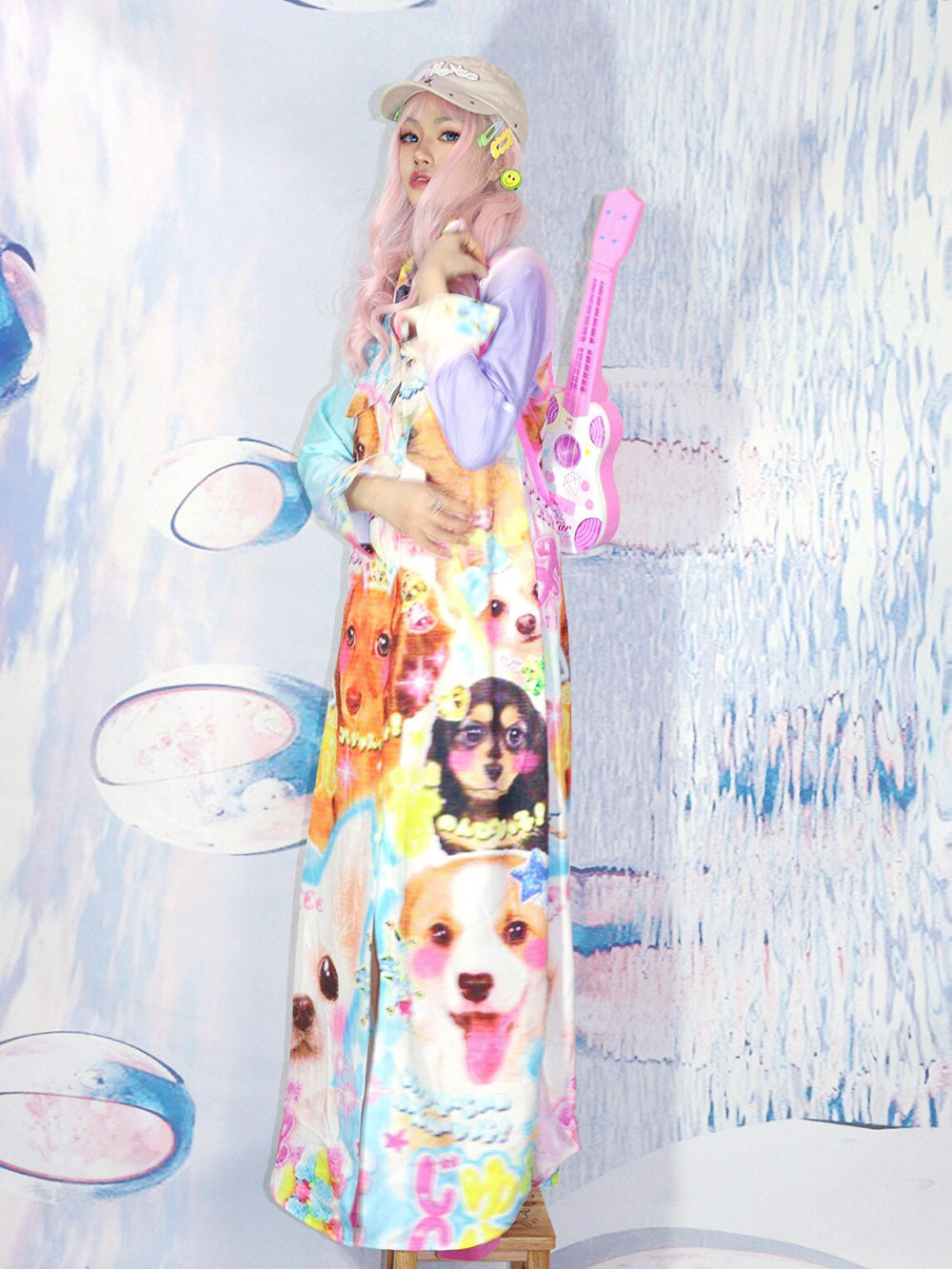 Multicolor Puppy Print Maxi Dress