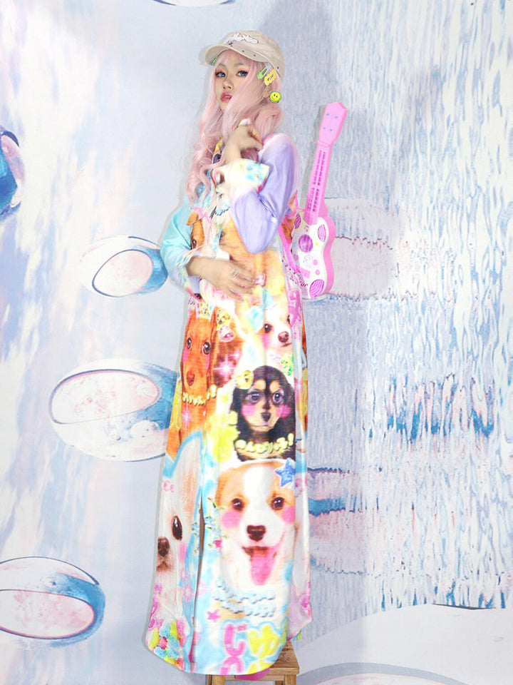 Multicolor Puppy Print Maxi Dress