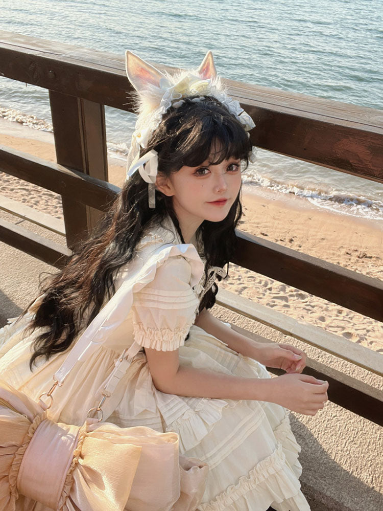 Cream Bunny Ear Lace Headband Pair