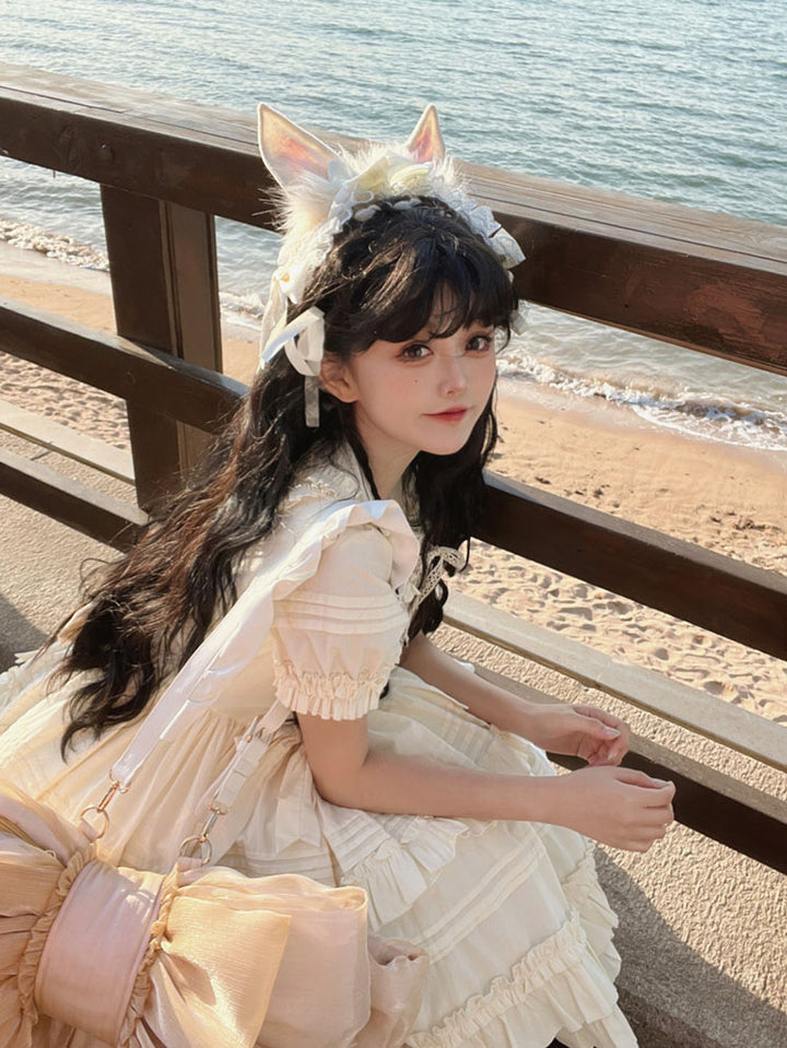 Cream Bunny Ear Lace Headband Pair