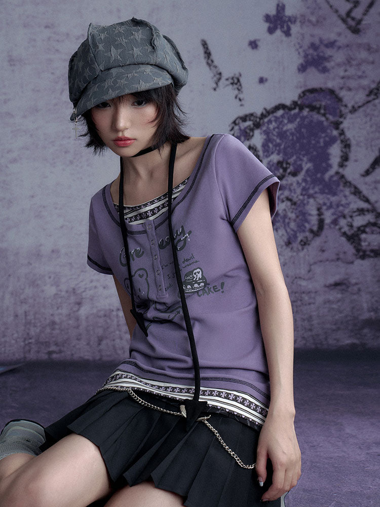Whimsical Purple Henley Graphic Tops