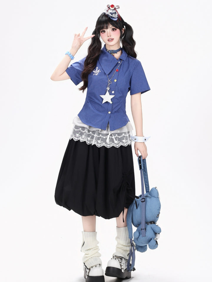 Asymmetric Plaid Ruffle Kawaii Shirt