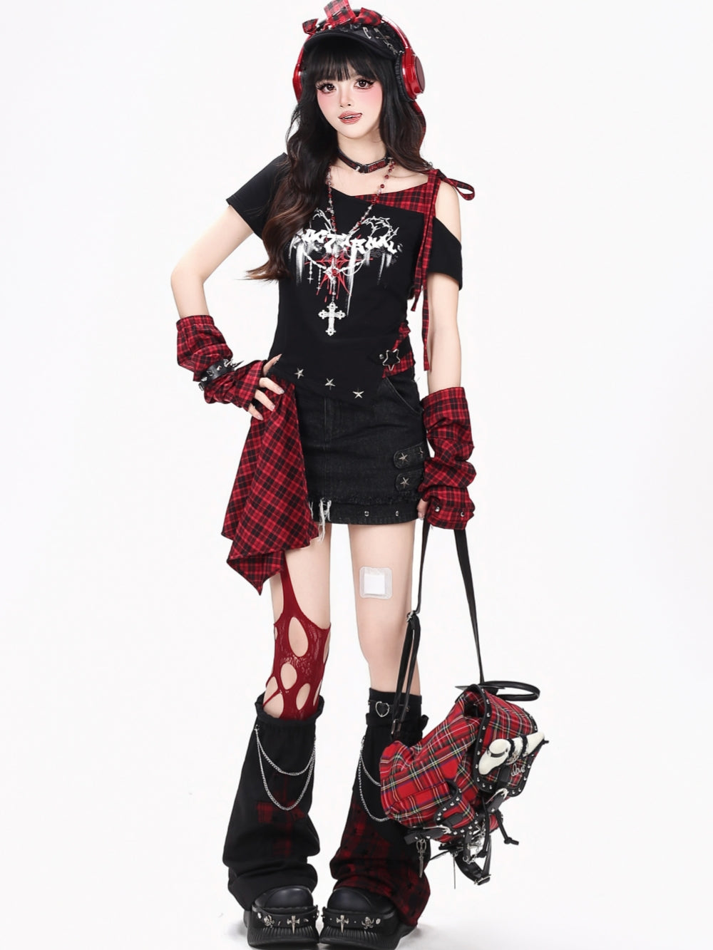 Asymmetric Plaid Cross Patch Goth Leg Warmers